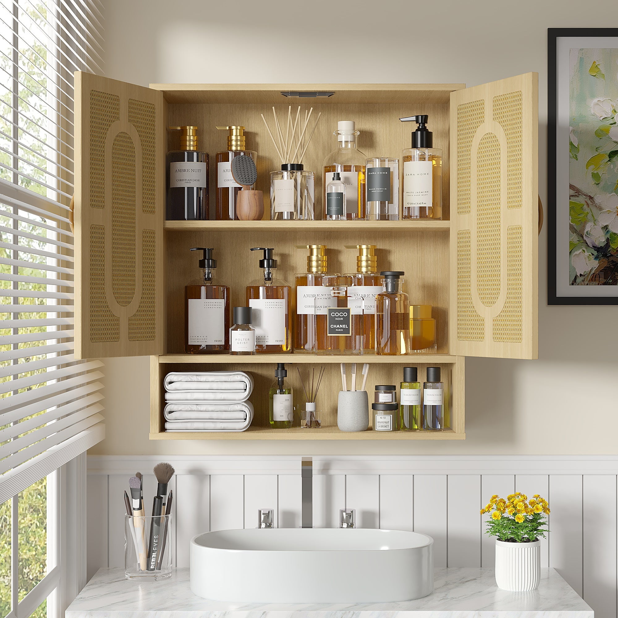 VECELO Wall Storage Cabinet, Medicine Cabinet with Adjustable Wood Shelf & Double Doors, Over The Toilet Storage Cabinet for Bathroom, Kitchen, Natural