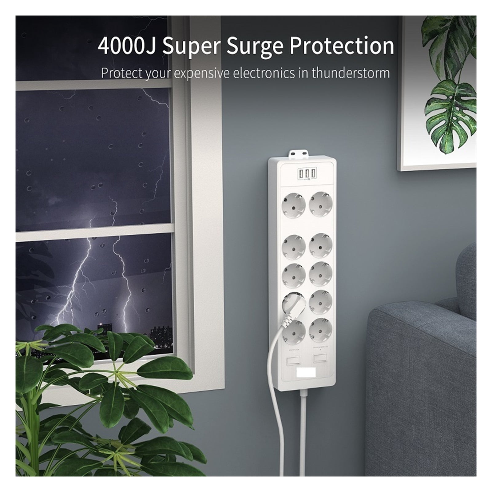 Wall Mountable USB Power Strip 4000J Surge Protector Extra Wide Socket Power Outlet With Extension Lead Network Filter