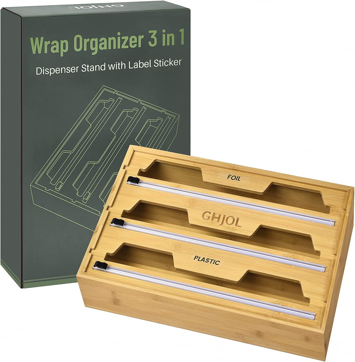 Foil and Plastic Wrap Organizer, 3 in 1 Wrap Dispenser with Cutter and