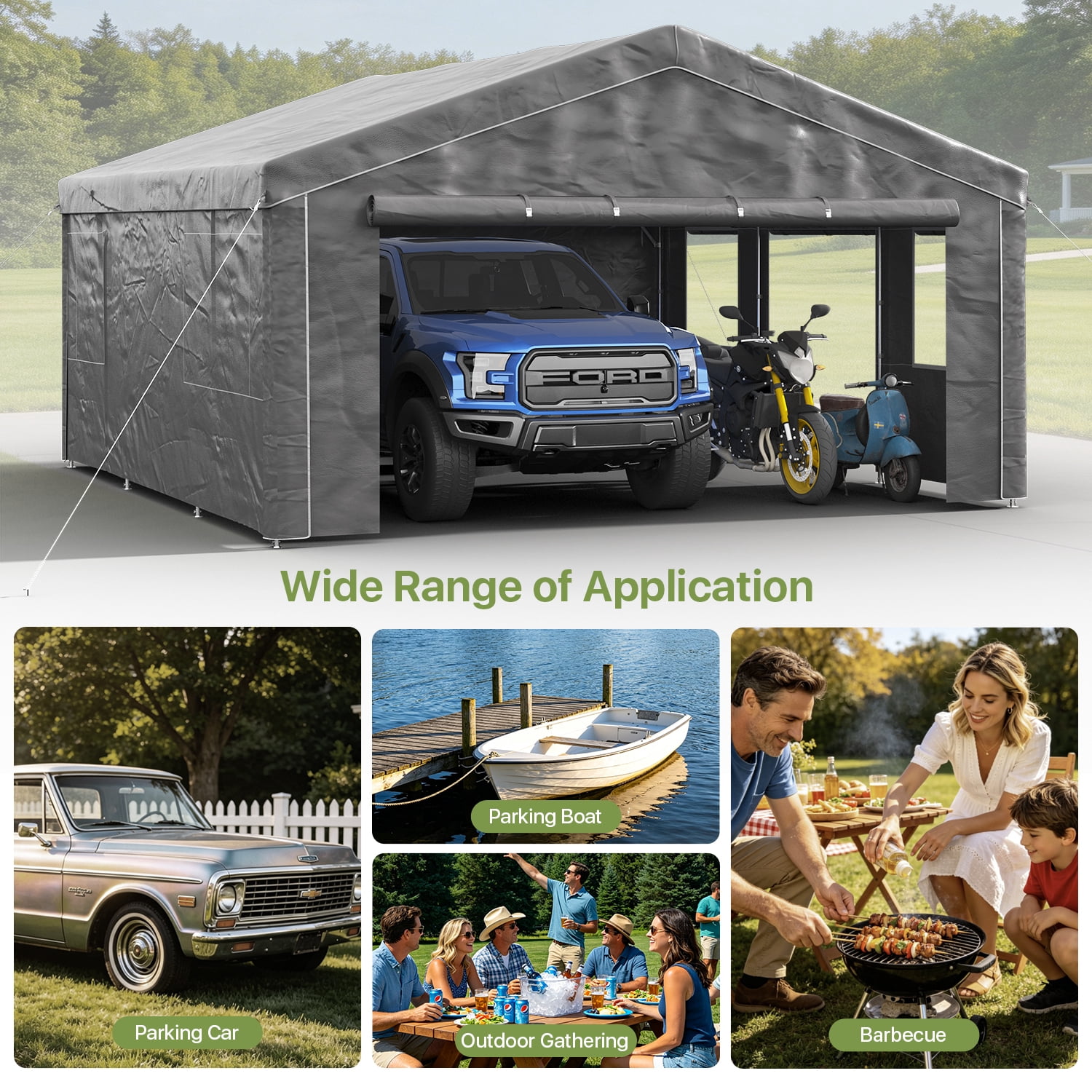 BaPiPro 20x20FT Grey Gable Top Carport, Multifunctional Outdoor Storage Shelter with All-Weather Metal Frame for Patio Vehicle Parking & Outdoor Gear Storage