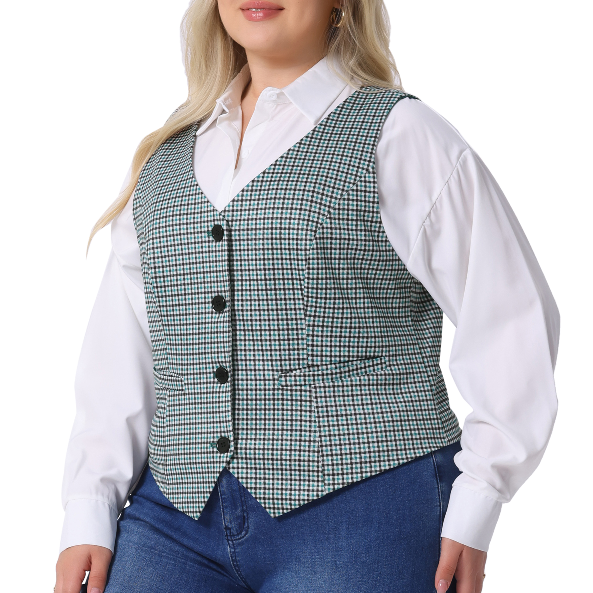 DARING DIVA Women's Plus Size Vintage Plaid Steampunk Button Vest 1X Blue Green