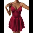 thumbnail image 2 of Vestido de Satén con Tirantes Finos para Mujer, Sin Mangas, Escote Bajo, Sin Espalda, Mono Corto de Fiesta. Vino Tinto XS, 2 of 10
