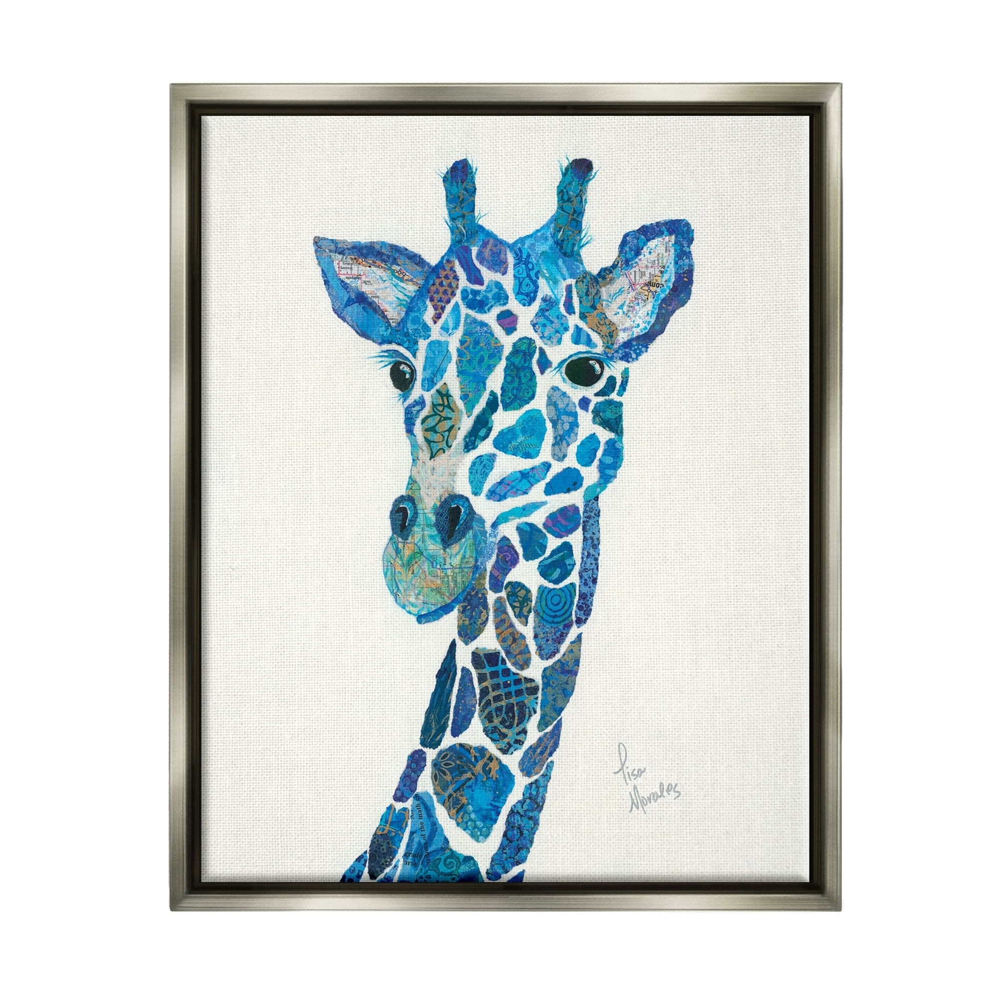 Stupell Industries Blue Giraffe Varied Collage Assortment Animal Painting Graphic Art Luster Gray Floating Framed Canvas Print Wall Art, Design by Lisa Morales