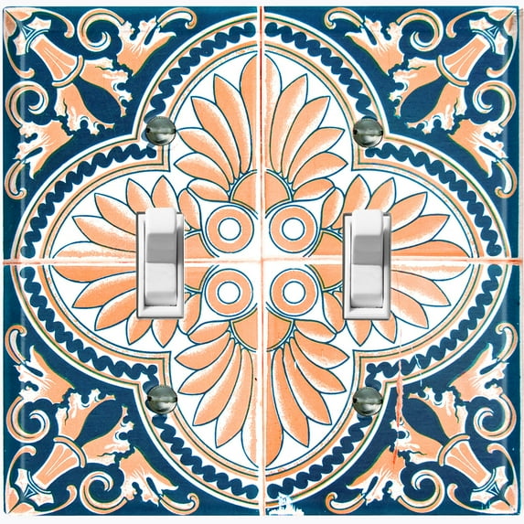 Metal Light Switch Plate Cover Peach Blue Floral Tile Pattern TIL023