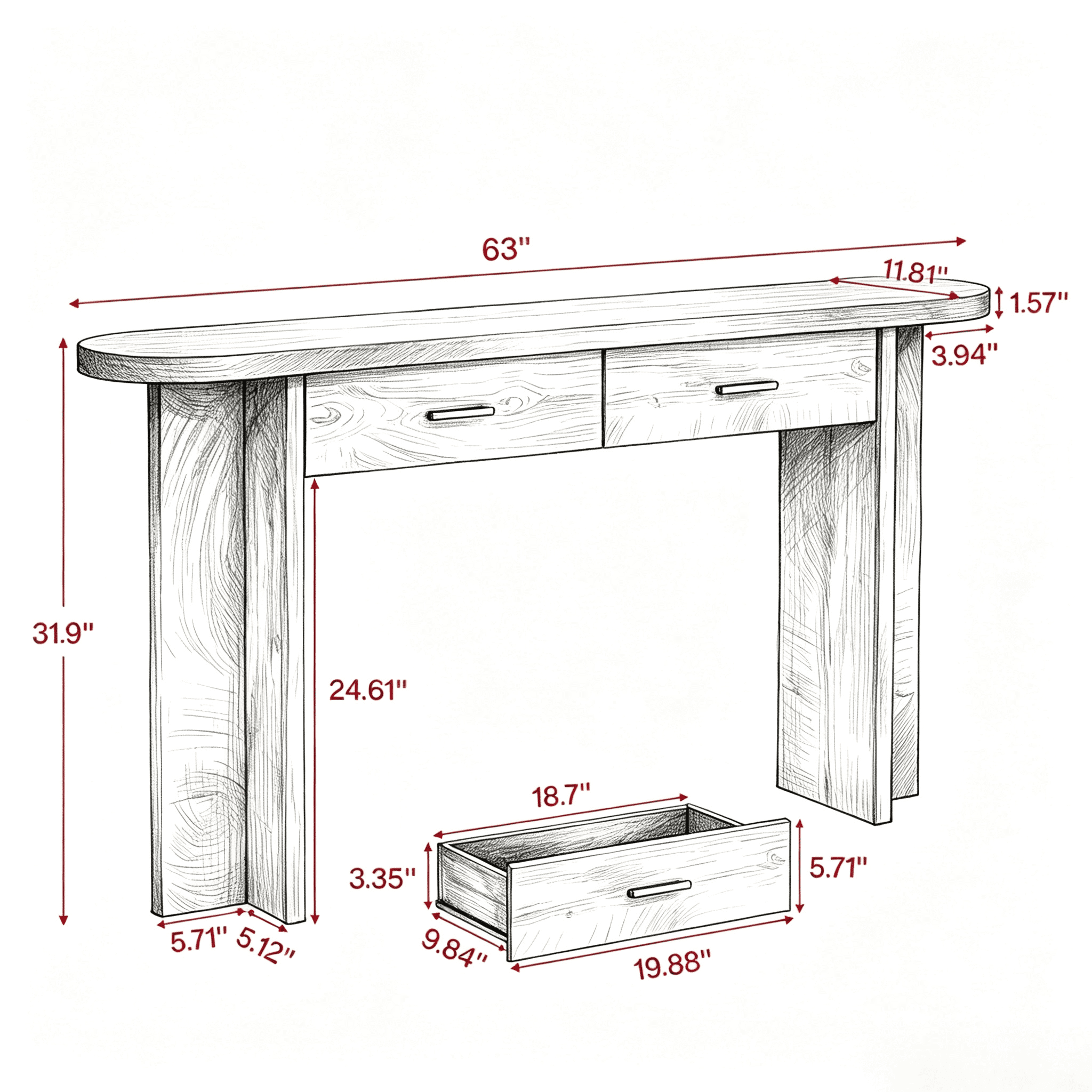 63 Inch Rustic Console Table with 2 Drawers, MDF Entryway Table with Gold Handles & Rounded Edges, 220 lbs Tabletop Capacity for Hallway Sofa Kitchen