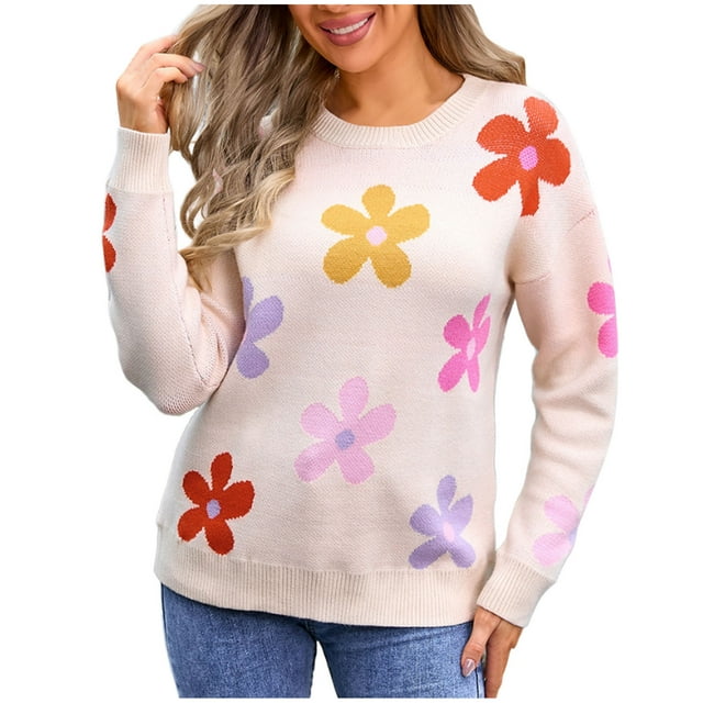 COM1950s Chandails pour Femmes, Longs Chandails pour Femmes, Haut Décontracté à Col Rond pour Femmes avec Grande Fleur Imprimée, Chandail à Manches Longues, Hauts pour Femmes Décontractés d'Automne, Chandails pour Femmes pour l'Automne, Hauts pour Femmes
