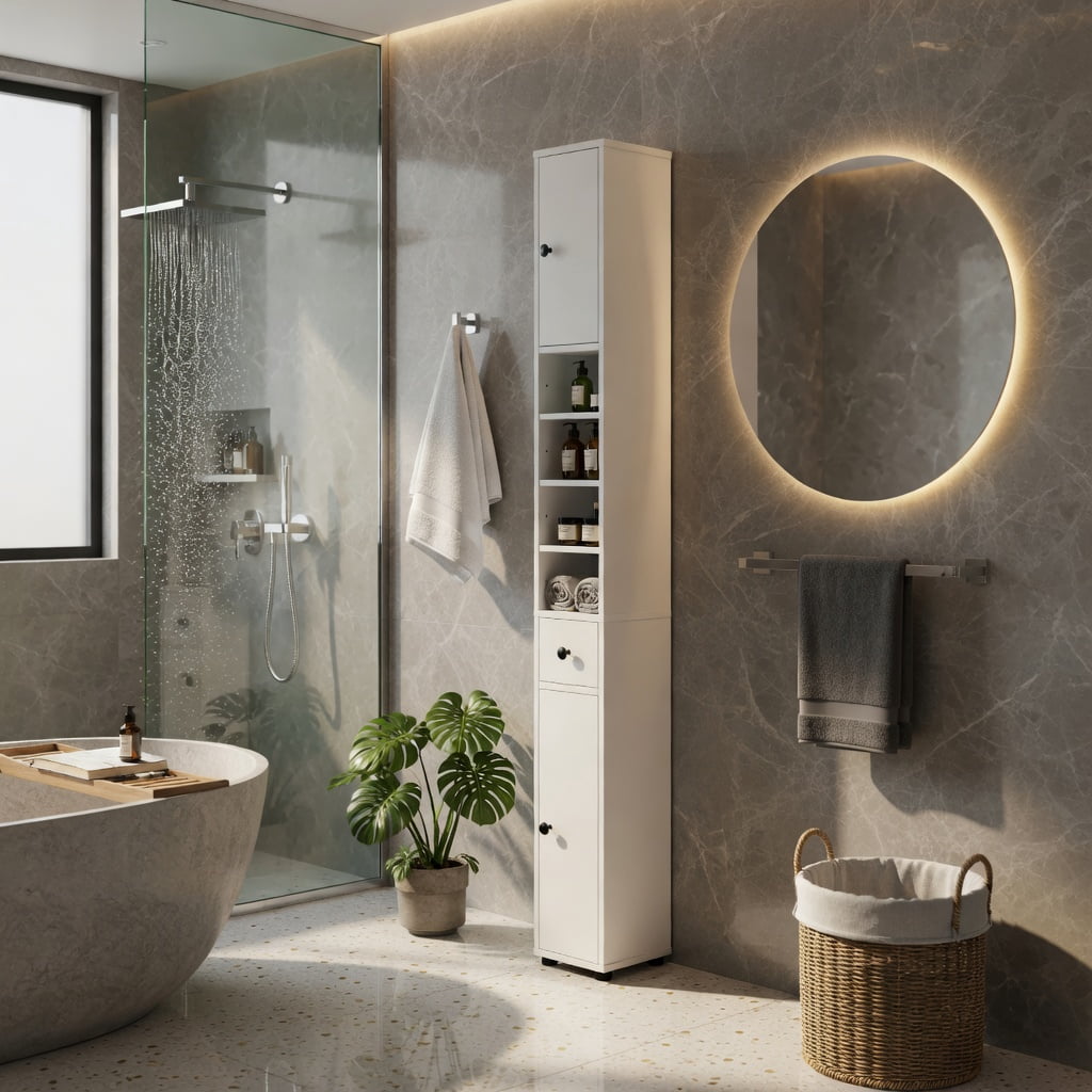 Demi Bonn Bathroom Storage Cabinet, Bathroom Floor Cabinet, Freestanding Slim Bathroom Cabinet with Drawer and Adjustable Shelves, for Bathroom, Living Room, Bedroom, Kitchen, White