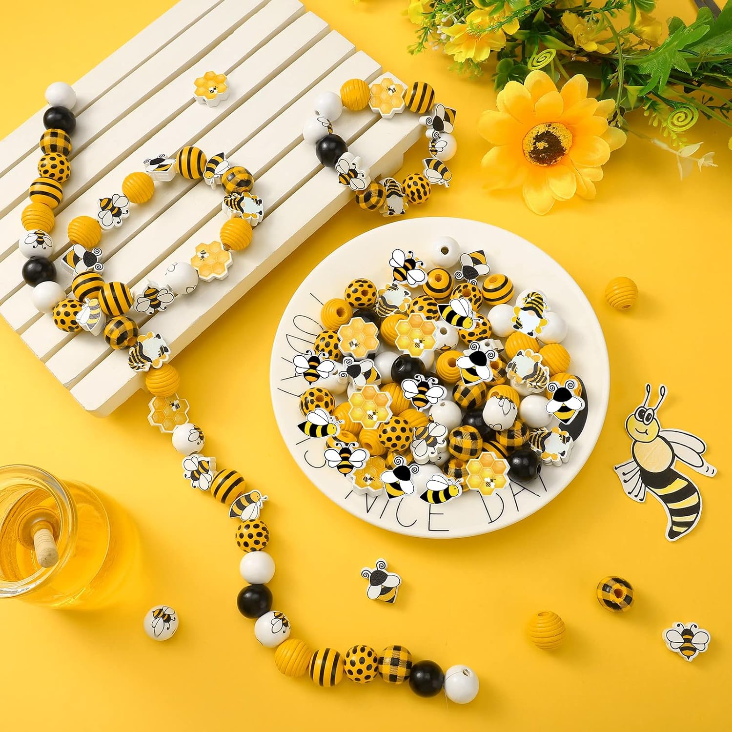 130 Pieces Wood Colorful Painted Spring Loose Beads, Decorative Craft Beads, Polished Bee Wood Beads, Round Rustic Beads with Rope for DIY Garland Making Party Decor