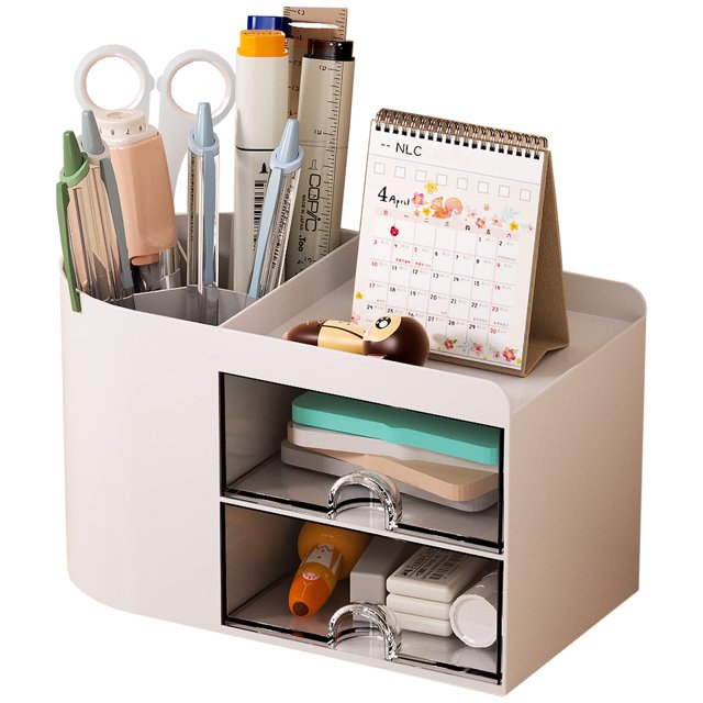 Portalápices para escritorio, organizador de escritorio de oficina con cajón, lindo organizador de papelería de escritorio, tarjeta de visita/bolígrafo/lápiz