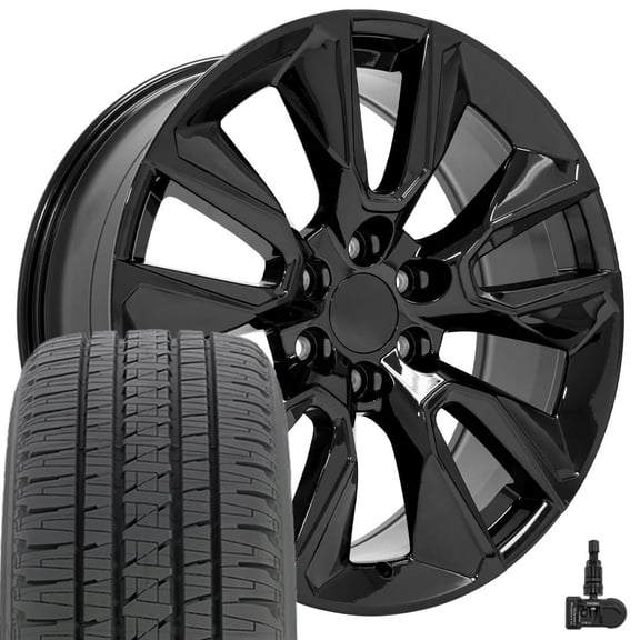 OE Wheels CV32 22 Inch Rims and Tires Fit Silverado 1500 Style 6x139.7 22x9 Gloss Black - Hollander 5916 - Dueler H/L Alenza 285/45-22 (Set of 4)