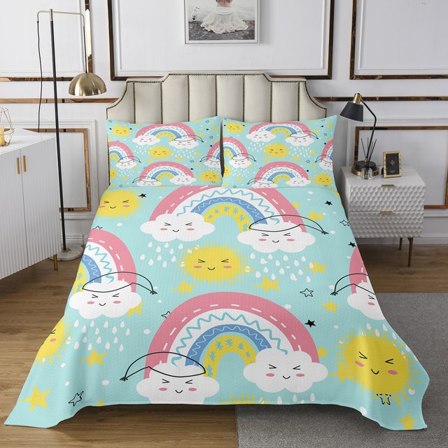 Erosebridal Kids Rainbow Coverlet Set King, Cute Cartoon Sun Bedding Set, Blue 3 Pieces