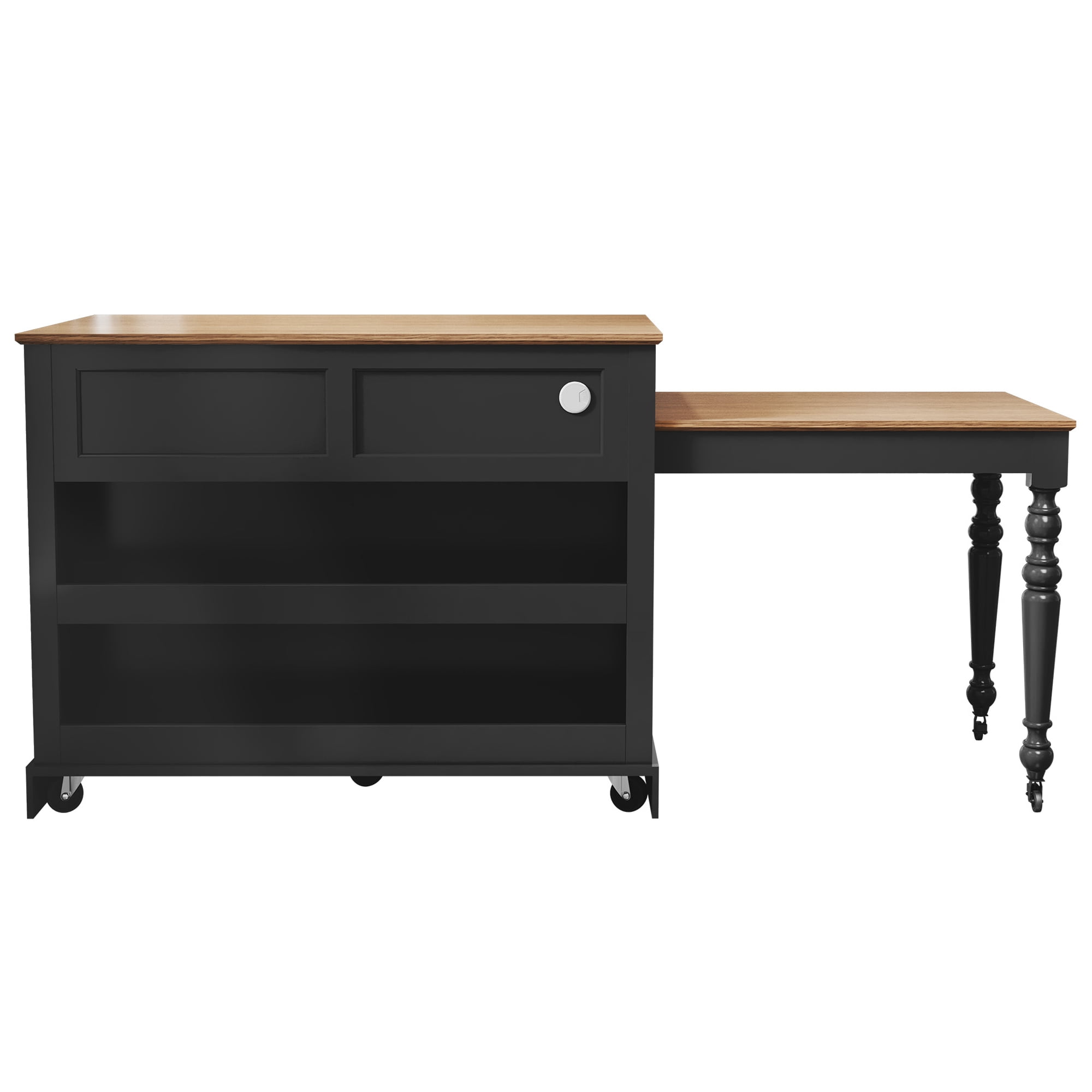 HLR 86.61" Mid-Century Extendable Kitchen Islands on Wheels with Roman column legs, Dining Table Cart with Storage, Black