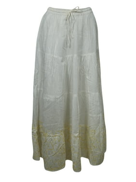 Mogul Women Maxi Skirt White Cotton Embroidered A-Line Gypsy Skirts M/L