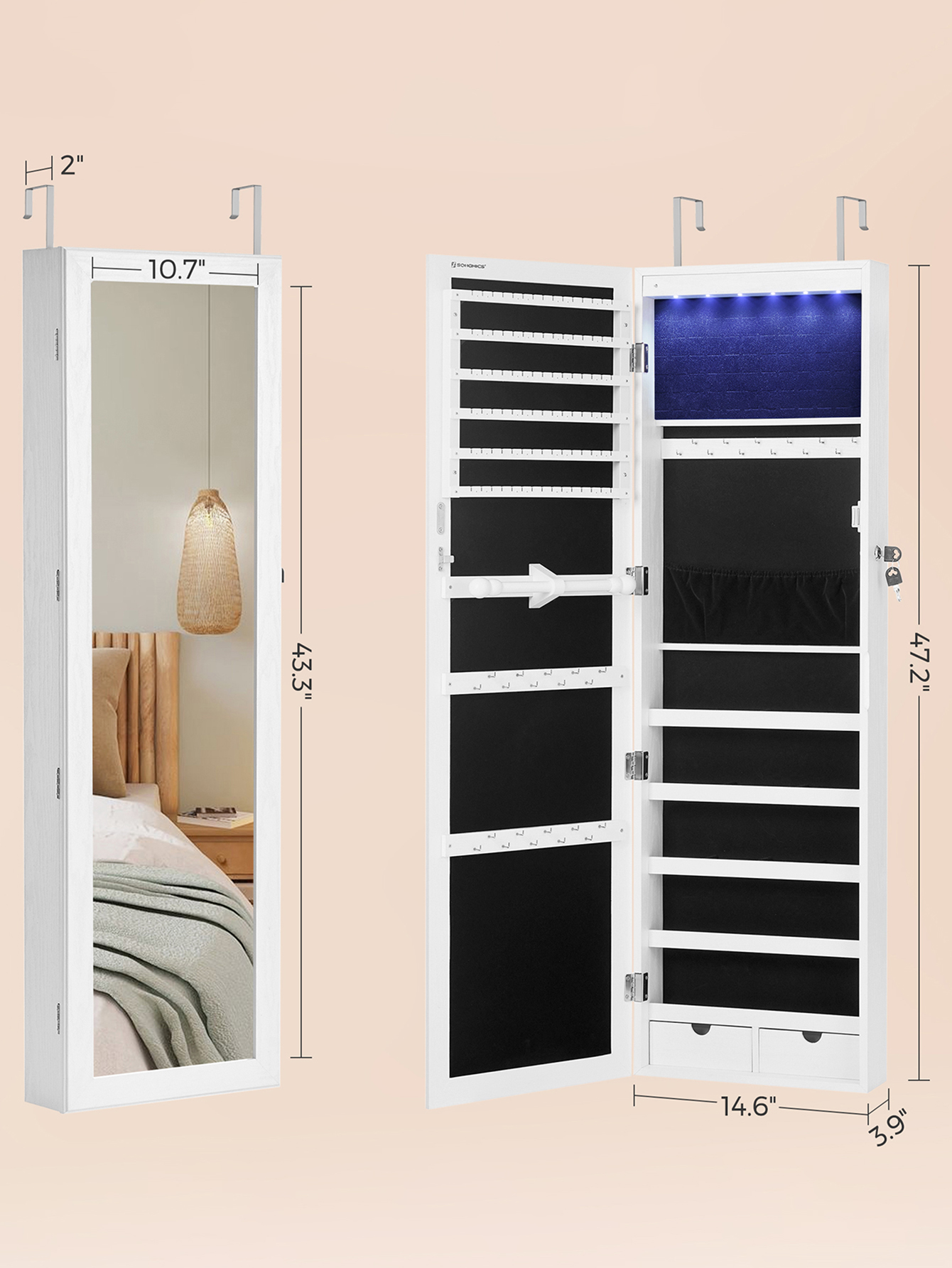 SONGMICS LEDs Mirror Jewelry Cabinet 47.2-Inch Tall Lockable Wall/Door  Mounted Jewelry Armoire Makeup Perfume Holder Organizer with Mirror Makeup  Perfume Drawers White