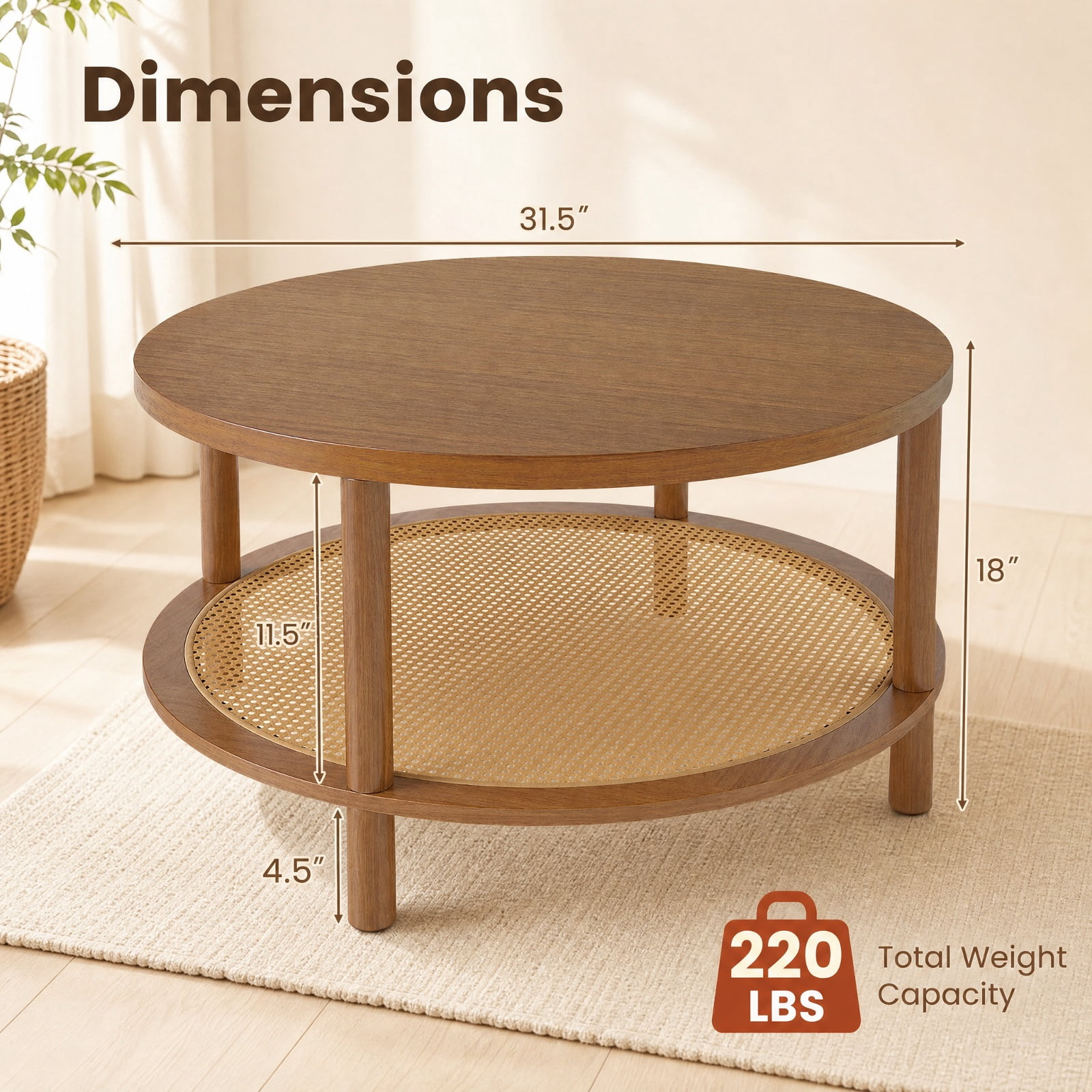 Furnibear 2 Tier Boho Round Rattan Coffee Table with Storage Shelf Rubber Wood Legs and Thickened Top for Living Room, Walnut