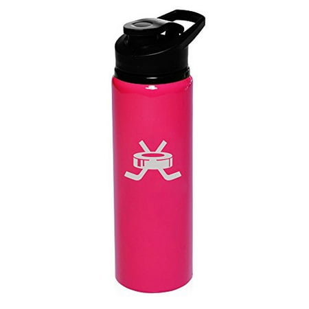 

25 oz Aluminum Sports Water Travel Bottle Hockey Puck With Sticks (Hot-Pink)