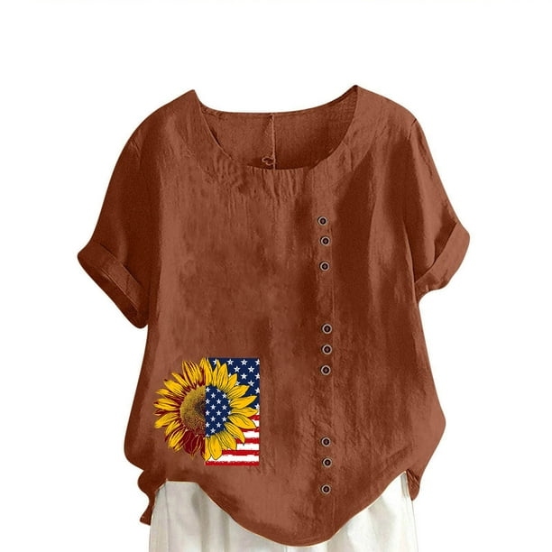 Vestidos Casuales Para Mujer, Blusas De Mujer De Moda Blusa informal de lino con botones y manga corta estampada para mujer