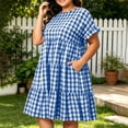 thumbnail image 5 of CALAFEBILA Summer Dresses for Women Lattern Short Sleeve O-neck Plaid Midi Sun Dress Swing Long Women's Dresses, 5 of 9