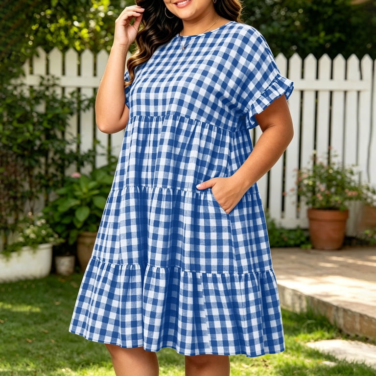 plus size blue plaid dress Plus Size Plaid Overall Dress with Pockets