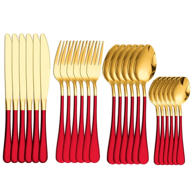 Zhuge 24 Piece Silverware Cutlery Set, Silverware Flatware Set for 6, Stainless Steel Cutlery Tableware Set, Kitchen Utensils for Home Restaurant Party,Gold Red