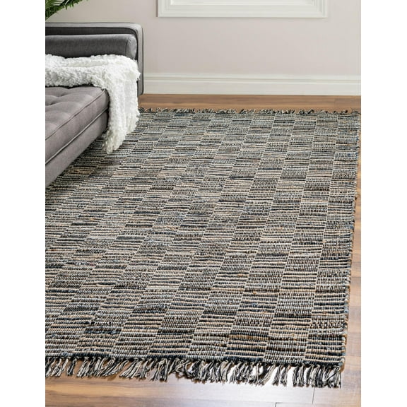 Unique Loom Chindi Jute Collection Area Rug - Checkered (4' 1" x 6' 1" Rectangle Dark Gray/Natural)