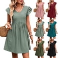 thumbnail image 7 of Dvprdro V Neck Short Flared Sleeve Ruffle Hem Loose A Line Mini Dress for Women Summer Beach Casual Solid, 7 of 7