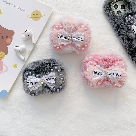 Cute Soft Plush Case For AirPods Pro Earphone Charging Case Furry Bowknot Protective Cover