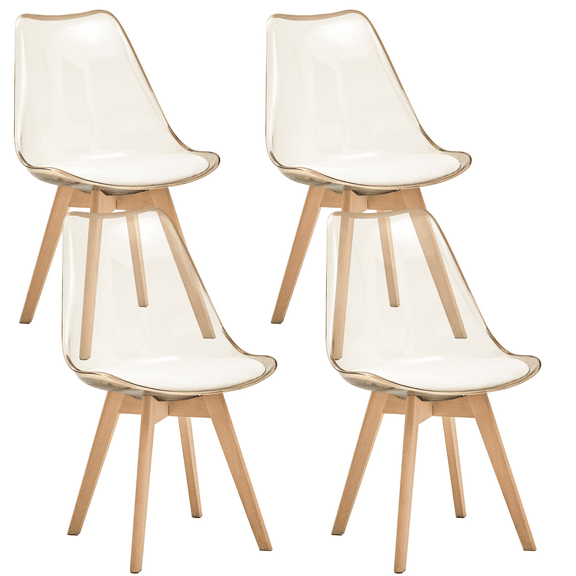 Dining Chairs Set of 4, Clear Acrylic Mid Century Modern Kitchen Chairs with Soft Padded and Wood Legs for Dinner, Living Waiting Room, Bedroom, Apartment, Light Brown