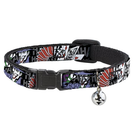 DC Comics Cat Collar  Breakaway Collar with Bell  The Joker Pose Cards Hahahaha Black Gray  8.5 to 12 Inches 0.5 Inch Wide