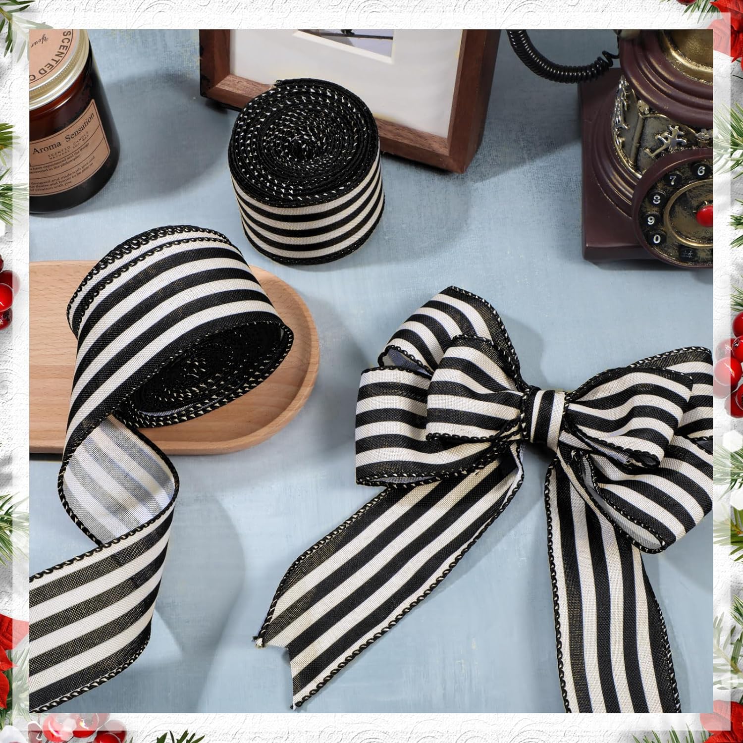 2 Rolls Black and Cream White Stripe Wired Edge Ribbon Halloween Rustic Ivory Boho Black and White Ribbon for Christmas Party Gift Wrapping Bow DIY Craft Home Decor(2.5 Inch, 20 Yard)
