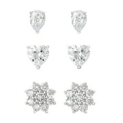 Believe by Brilliance Women's Sterling Silver and Cubic Zirconia Multi Shape Stud Earrings, Set of 3