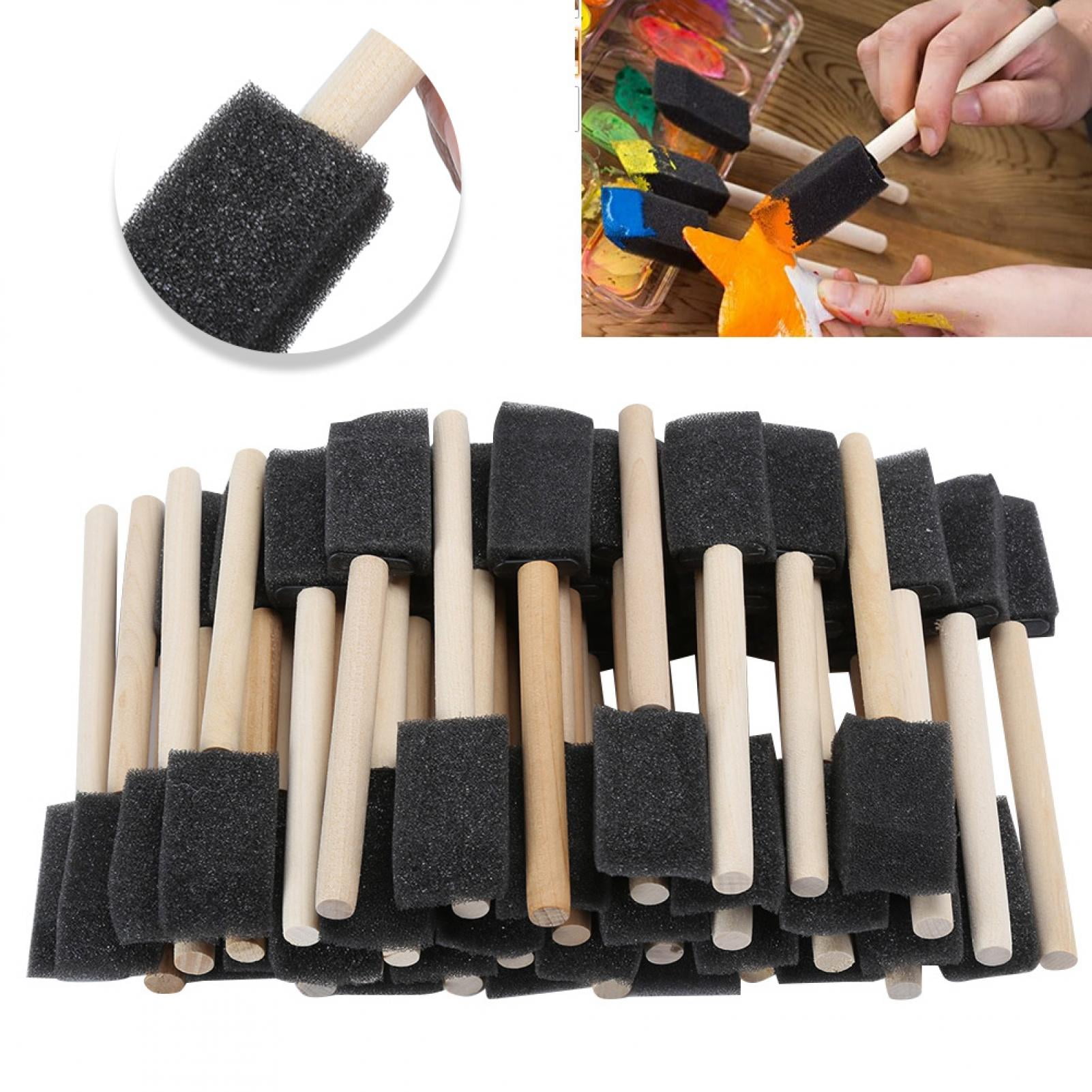 50 Pcs Black Sponge Foam Brush Paint Application Wooden Handle Graffiti Tools 
