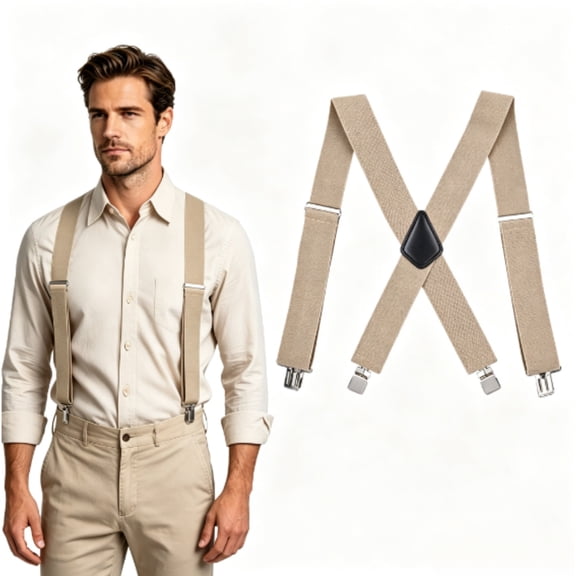 2 Inch Khaki X Back Suspenders For Men, Adjustable Heavy Duty Clip Braces For Work Daily Outfits