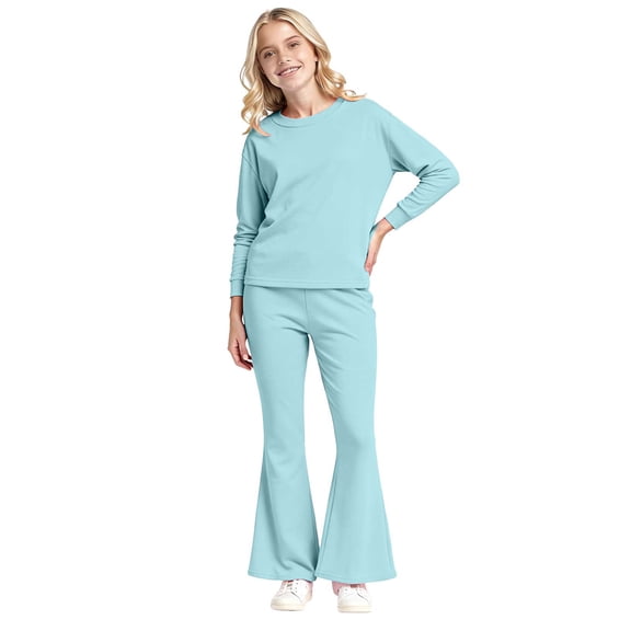 Splozh Little Girls Clothes 2Pcs Girls 2 Piece Set Fall Spring Outfits Lounge Sets Long Sleeve Top Wide Leg Pants Sweatsuit Clothing Set Mint Green,11-12 Years