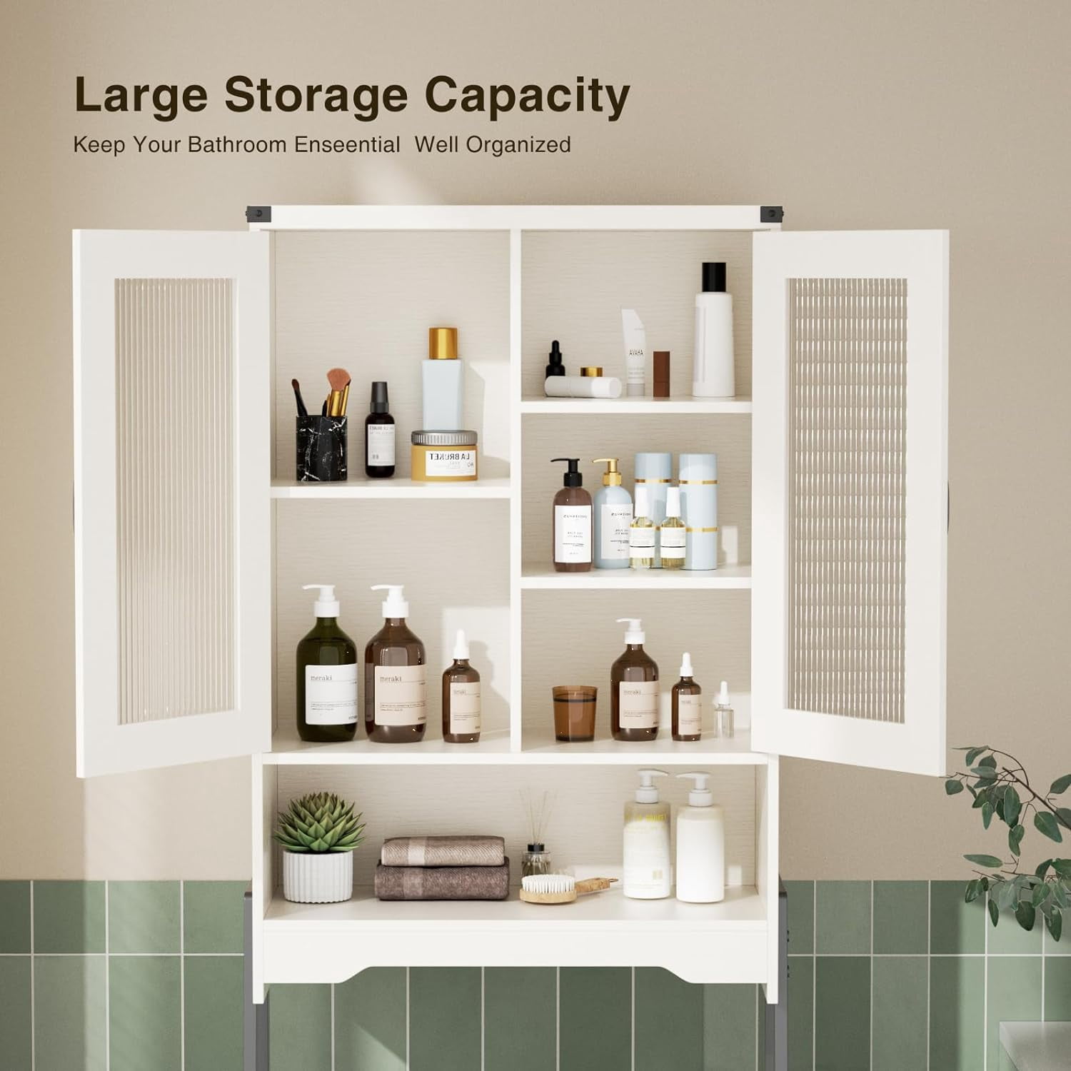 VEANERWOOD Over The Toilet Storage Cabinet with Tempered Glass Doors & Adjustable Shelf, Tall Freestanding Rack, White