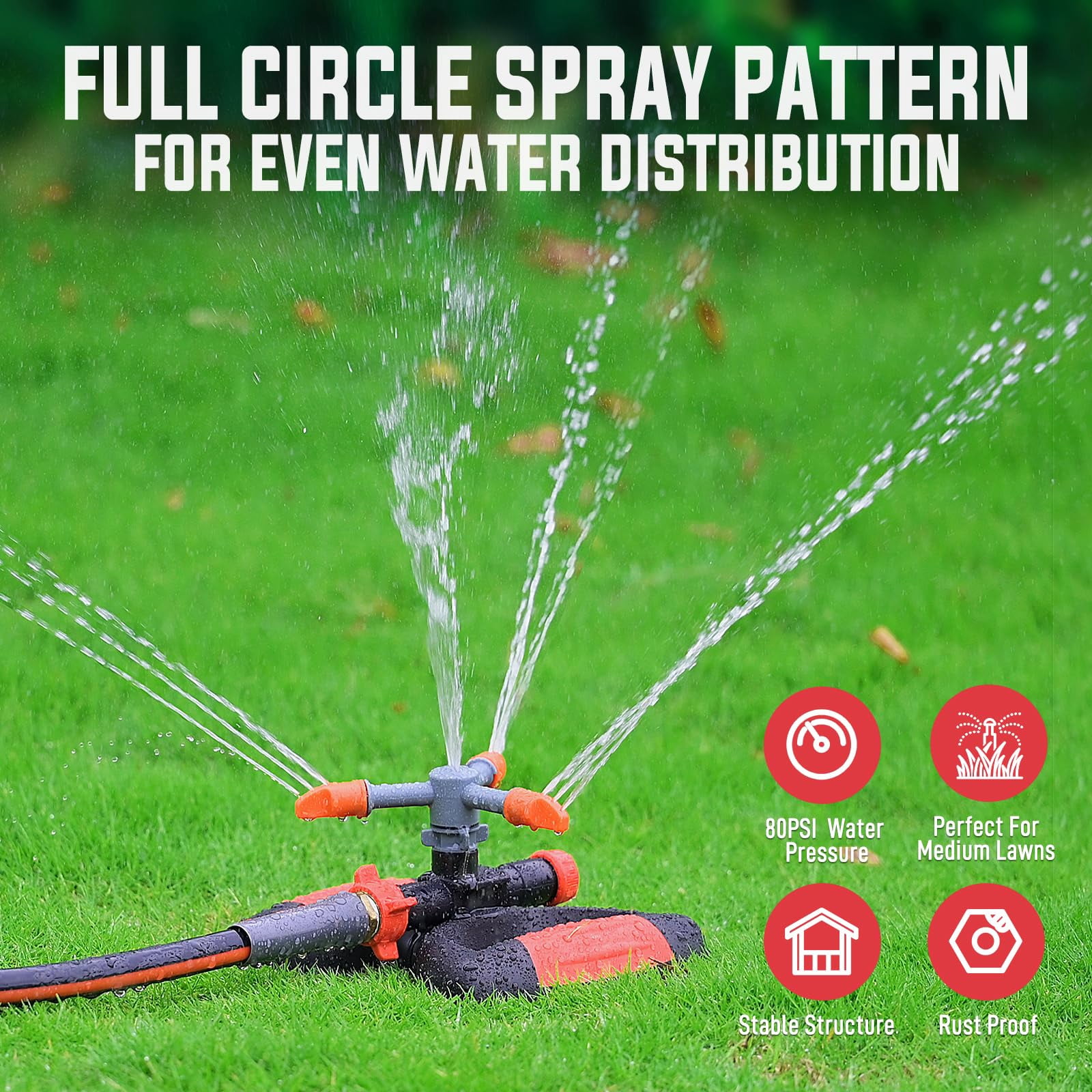 YAMATIC Lawn Sprinkler, Automatic 360 Degree Rotating Large Area 3 Arm Sprayer