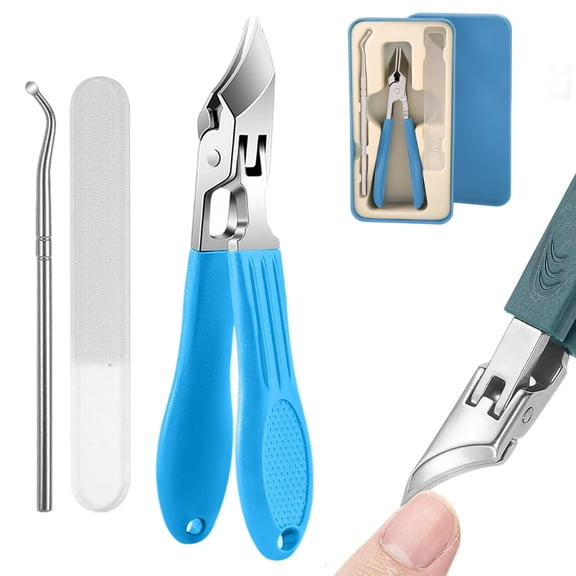 Linebstow Nail Clippers, Eagle Beak Beveled Nail Clippers 3-Piece Set, Long Handle Wide Jaw Opening Anti-Splash Slanted Nail Clipper for Thick Nails, Seniors&ingrown Care (Blue)