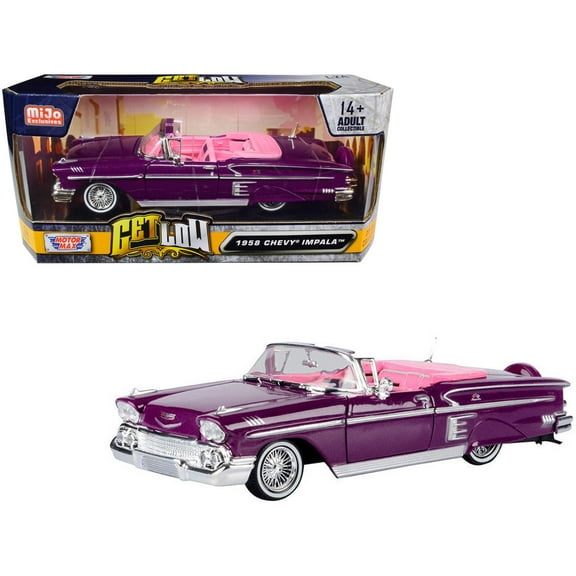 1958 Chevrolet Impala Convertible Lowrider Black and White with Red Interior "Get Low" Series 1/24 Diecast Model Car by Motormax