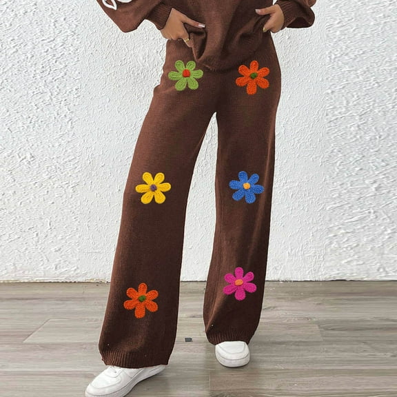 WHLBF UTTOASFAY Womens Pants Embroidered Knit High Waist Straight Leg Pants Cozy Lounge Pants with Elastic Waist Casual Pull-On Trousers Coffee XL