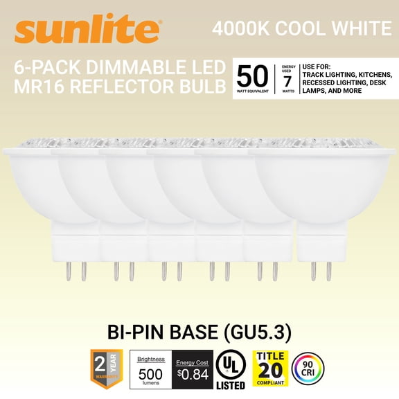 Sunlite LED MR16 Reflector Spotlight Bulb, 7 Watts (50W Halogen Bulb Equivalent), GU5.3 Bi-Pin Base, Dimmable, UL Listed, 4000K Cool White, 6-Pack