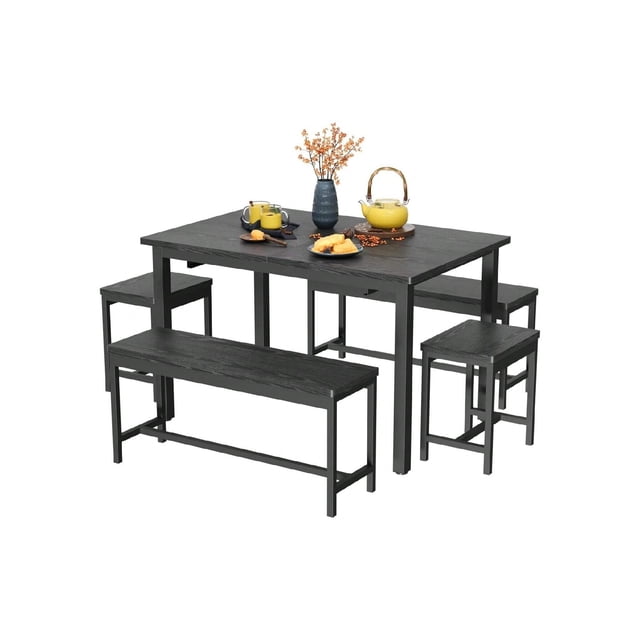 Ourlova 63 Inch 5 Piece Extendable Dining Table Set For 4 To 8 Modern Space Saving Kitchen Table With 2 Benches and 2 Stools Farmhouse Style Dining Room Furniture Set