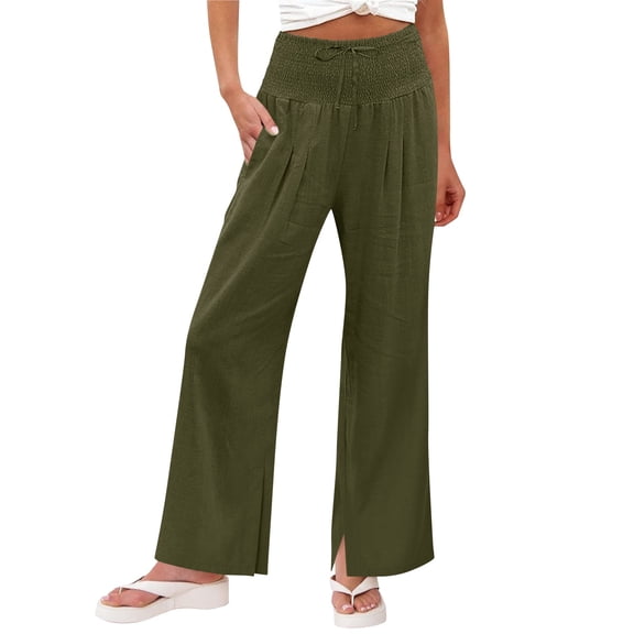 Gamivast Linen Pants Women Loose Fit Smocked High Waist Wide Leg Pants with Pockets Soft Breathable Casual Pants for Summer Beach Vacation Daily Outfits