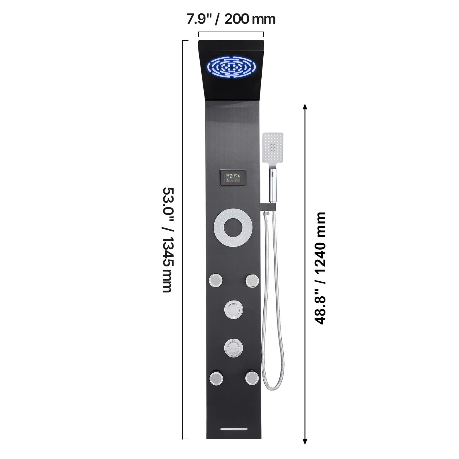 KFFKFF Shower Panel Tower System, 53 in Brushed Stainless Steel, Incorporates Rainfall Shower Head, LED, 6-Function Faucet, Wall-Installed Rain Massage System with 5 Body Jets, Handheld, Tub Spout
