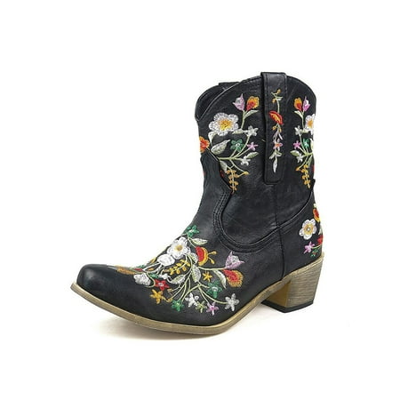 

Audeban Womens Retro Embroidery Round Toe Boots Ankle Low Heel Riding Boots Pull on Shoes Size 4-12