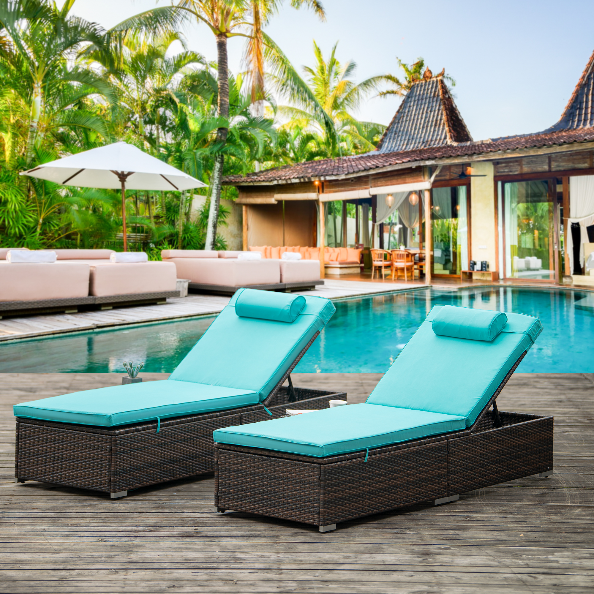 Outdoor PE Wicker Chaise Lounge Set, 2 Piece Garden Adjustable Chaise Lounge, Patio Rattan Reclining Chair Furniture Set, Beach Pool Adjustable Backrest Recliners with Blue Cushions - image 3 of 9