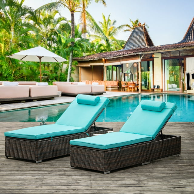 Outdoor PE Wicker Chaise Lounge - 2 Piece Patio Brown Rattan Reclining Chair Furniture Set Beach Pool Adjustable Backrest Recliners with Side Table and Comfort Head Pillow