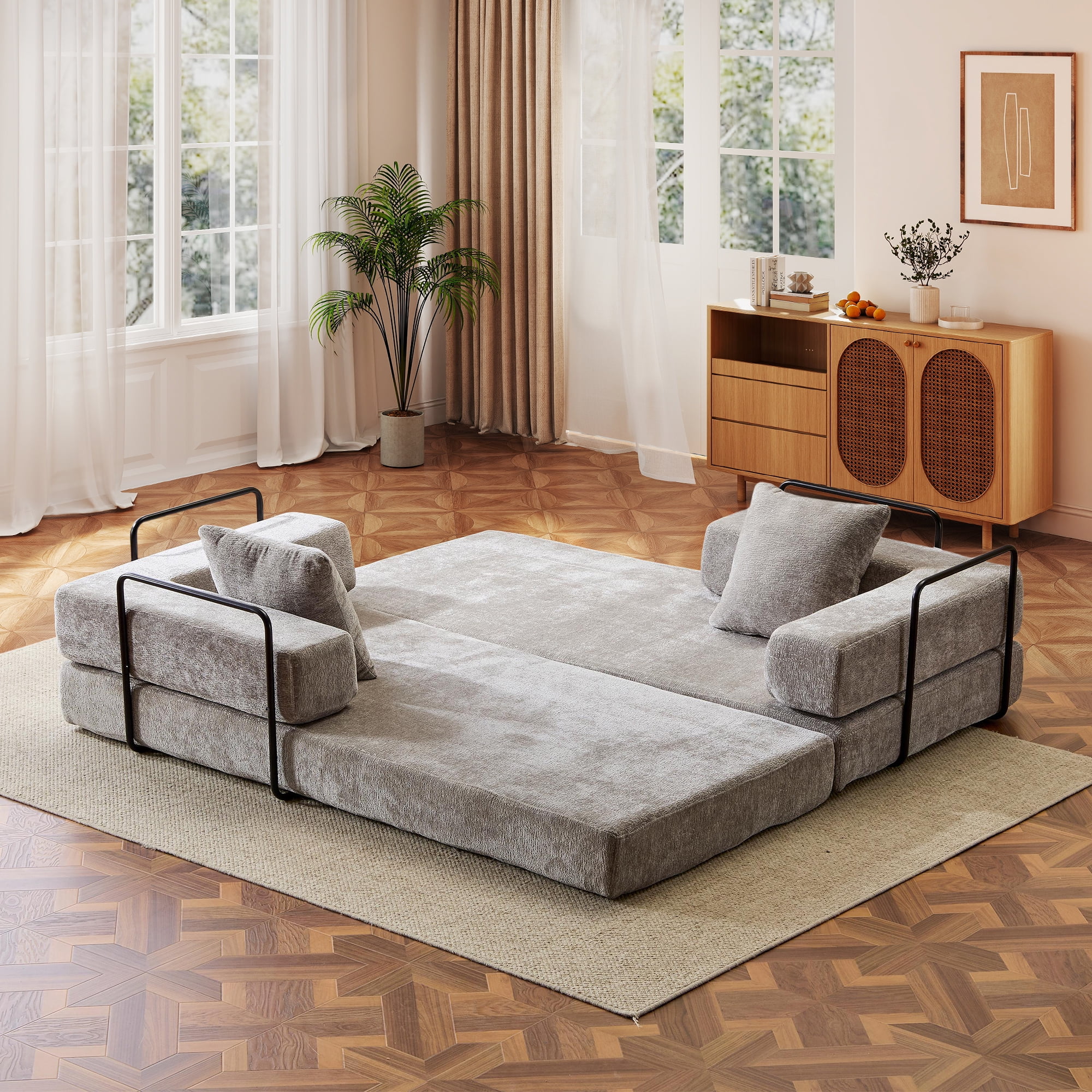 Timbernest 76.8" Folding Sofa Bed, King Size Convertible Sleeper Sofa with 2 Pillows, Chenille Floor Sofa for Living Room, Small Spaces, Light Gray