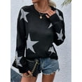 thumbnail image 3 of Women'S Star Pattern Crew Neck Drop Shoulder Casual Sweater Pullover Knitwear Black S, 3 of 8