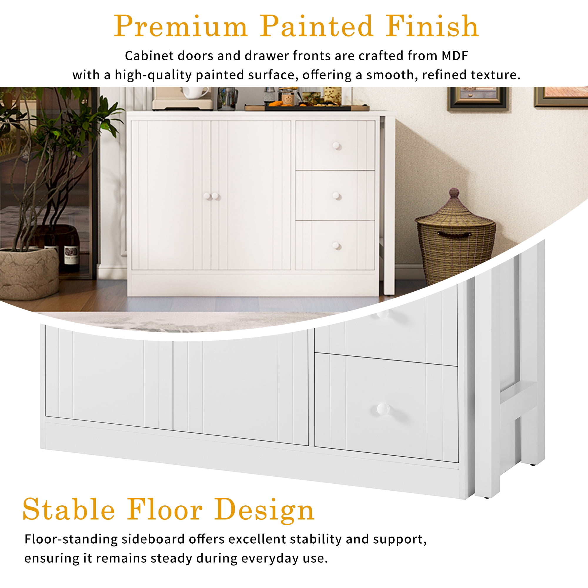 Euroco 89.7" Sideboard with Extendable Table, Multifunctional Buffet Storage Cabinet with 2 Doors and 3 Drawers Coffee Bar Station for Living Room,Study,Kitchen, White