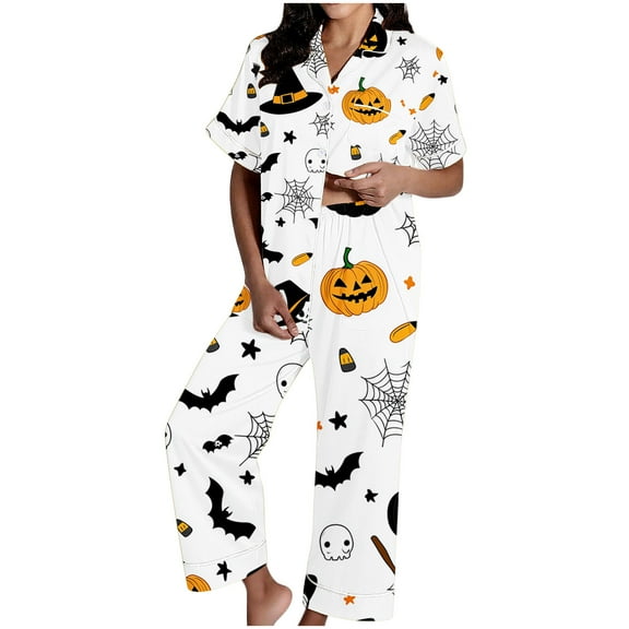 successthop Halloween Pajamas Women Short Sleeve Collar Button Down with Pant 2 Pieces with Pockets Loungewear
